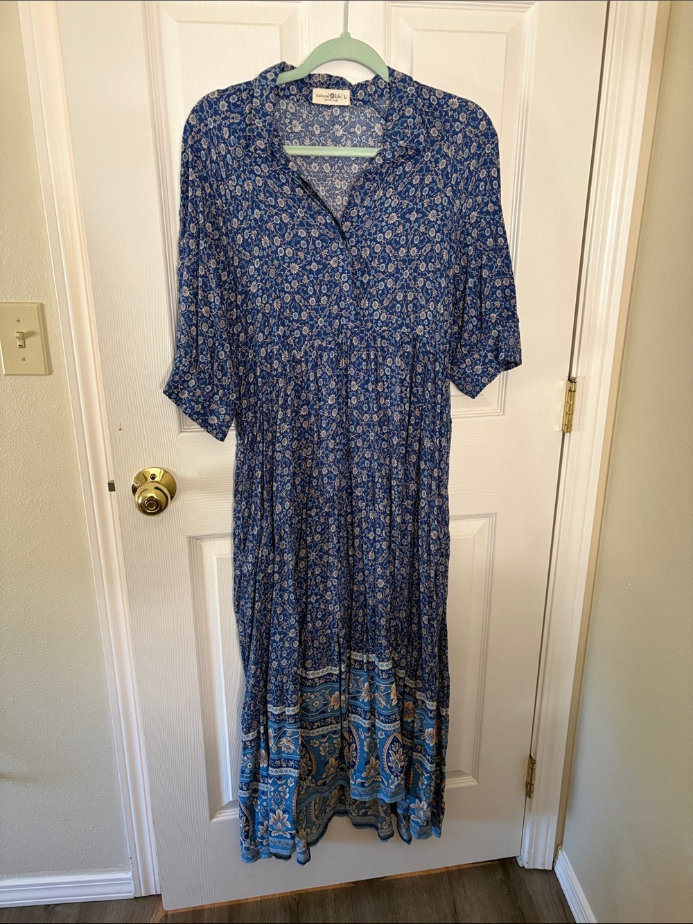 Natural Life Blue Floral Maxi Dress with Border Print size Large
